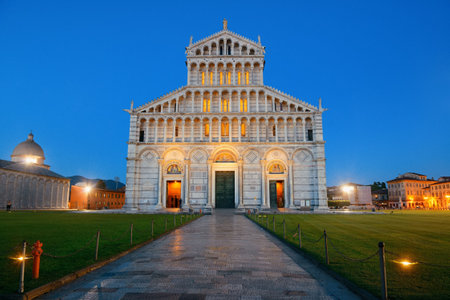 Cathedral at Piazza dei Miracoli (or Square of Miracles) in Pisa Italy at nightの写真素材