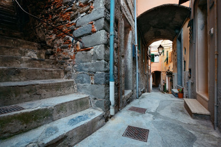 Typical alley view in Riomaggiore in Cinque Terre, Italy.の写真素材