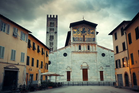 The Church of San Pietro Somaldi and Campanile with bell tower in Lucca Italyの写真素材
