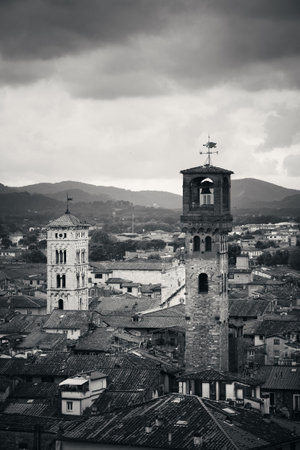 Lucca skyline with tower and cathedral in Italyの写真素材