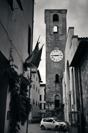 Lucca street view with Santa Maria del Carminein bell tower in Italyの写真素材
