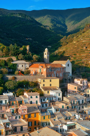 Aerial view of buildings in Vernazza, one of the five villages in Cinque Terre, Italy.の写真素材