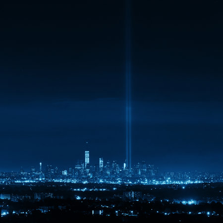 New York City skyline at night with downtown urban skyscrapers and September 11 tribute lightの写真素材