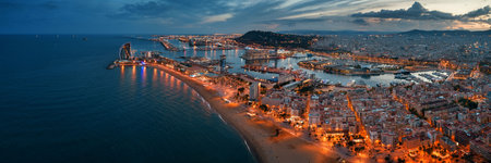 Coast aerial view of Barcelona at night in Spain.の写真素材