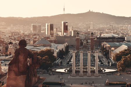 The landmark Placa Espanya at sunset in Barcelona Spainの写真素材