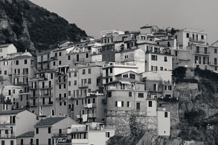 Italian style resident buildings over cliff in Manarola in Cinque Terre, Italy.