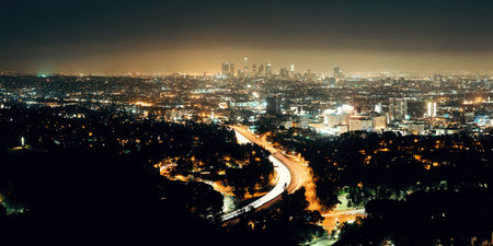 Los Angeles at night with urban buildingsの写真素材