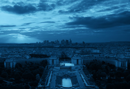 Paris city skyline rooftop view with la Defense at sunset, France.の写真素材