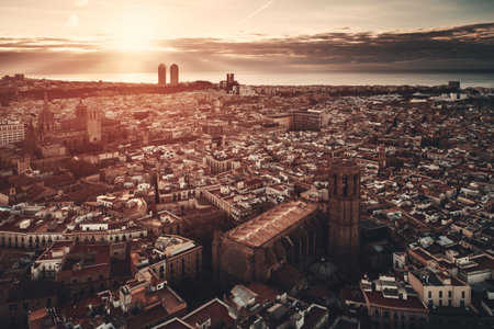 Aerial view of Gothic Quarter in Barcelona in Spain.の写真素材