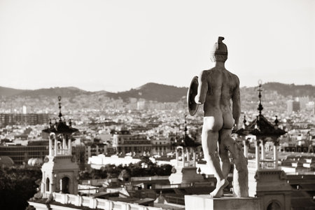 The landmark Placa Espanya with sculpture in Barcelona Spainの写真素材
