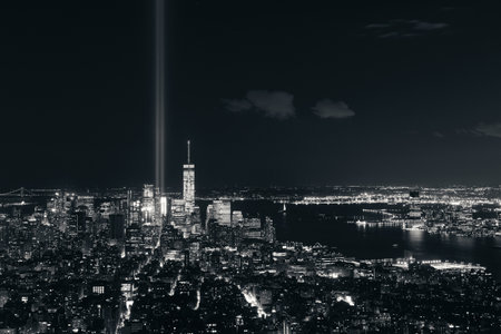 New York City downtown skyline view at night with September 11 tribute light.の写真素材