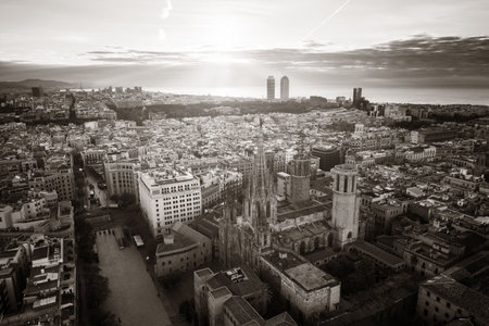 Aerial view of Gothic Quarter in Barcelona in Spain.の写真素材