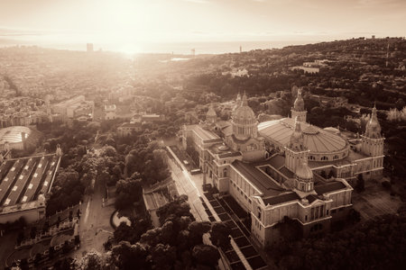 National Art Museum of Catalonia aerial view at sunrise in Montjuic Barcelonaの写真素材