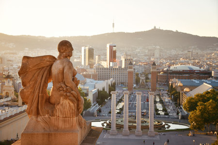 The landmark Placa Espanya with sculpture in Barcelona Spainの写真素材