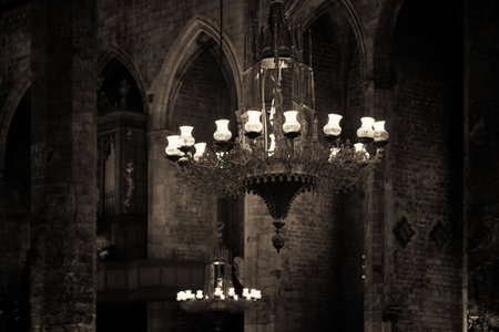 Basilica of Santa Maria del Mar lamp closeup in Barcelona Spainの写真素材