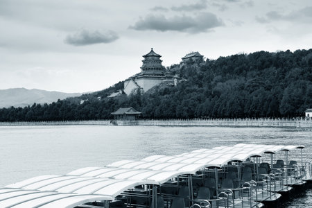 Summer Palace with historical architecture in Beijing in black and white.の写真素材