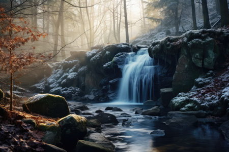 Beautiful and colorful creek with Fall foliage. Autumn seasonal concept. AI generated.の素材