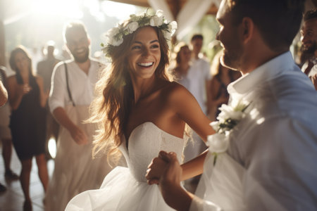 Happy people dancing at a beach party. Summer tropical vacation concept. AI generated.の素材