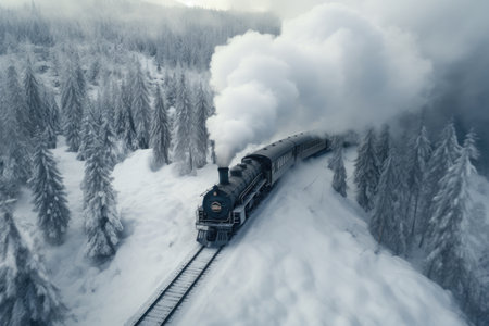 Vintage Train running in snow covered forest in wild in winter. Winter seasonal concept. AI generated.の素材