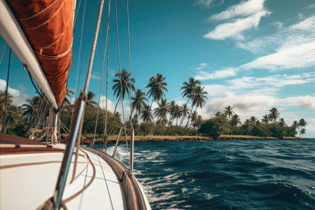 Close-up view of a sailing boat driving in blue sea. AI generated.の素材