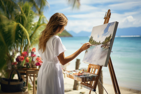 A graceful lady work on a painting at beach. Summer tropical vacation concept. AI generated.の素材