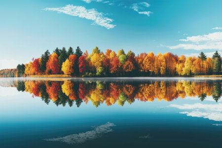 Autumn tranquil lake with beautiful Fall foliage and blue sky. Autumn seasonal concept. AI generated.の素材