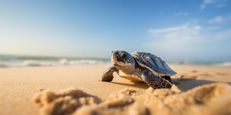 A baby sea turtle on tropical sand beach.  AI generated.の素材