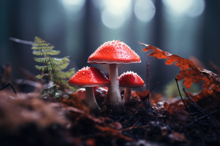 Collection of mushrooms in foggy forest in Spring. Spring seasonal concept. AI generated.の素材