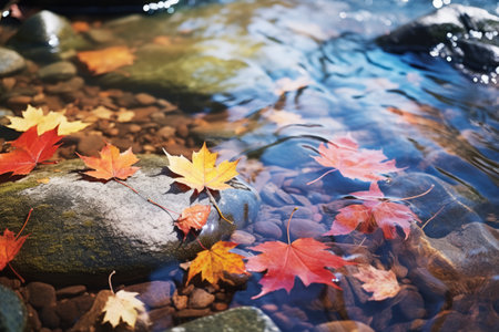 Close-up view of colorful Autumn tree leaves in water. Autumn seasonal concept. AI generated.の素材