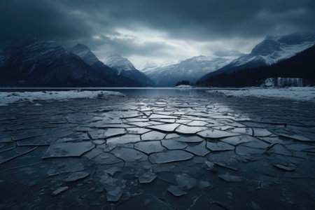 Beautiful lake with foggy Winter forest covered by heavy snow and ice. Winter seasonal concept. AI generated.の素材