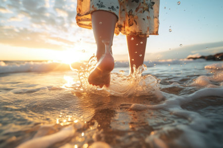 Low angle view of people playing with water on sand beach. Summer tropical vacation concept. AI generated.の素材