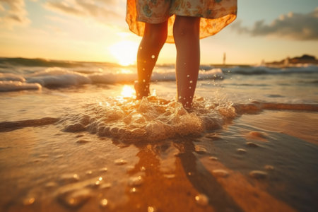 Low angle view of a beautiful lady walking on sand beach at sunset. Summer tropical vacation concept. AI generated.の素材