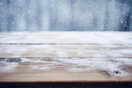 Wood table and freezing snowing forest winter background. Winter seasonal concept. AI generated.の素材