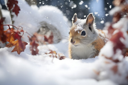Close-up view of a squirrel in forest with snow in Winter. AI generated.の素材