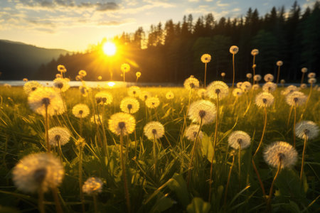 Close-up view of dandelion field in forest at sunset. Spring seasonal concept. AI generated.の素材