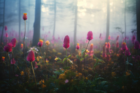 Wild flower field in foggy forest with variable colors in Spring. Spring seasonal concept. AI generated.の素材