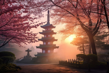 Traditional Japanese style temple building in pink cherry blossom woods in Spring. Spring seasonal concept. AI generated.の素材