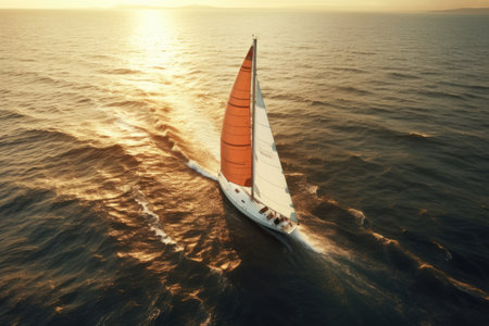 Aerial view of a sailing boat driving in blue sea at sunset. AI generated.の素材