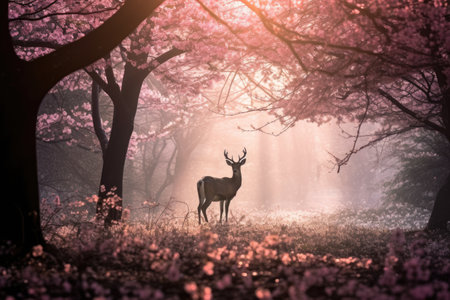 Male deer with antlers stand in forest in Spring with beautiful booming cherry blossom. AI generated.の素材