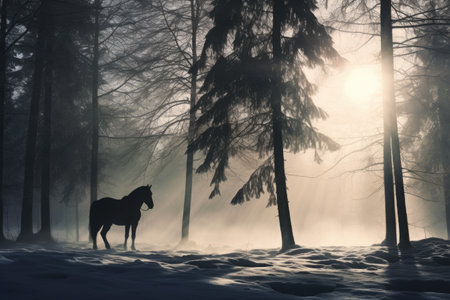 A horse stand in foggy winter woods with snow and sun light ray. AI generated.の素材