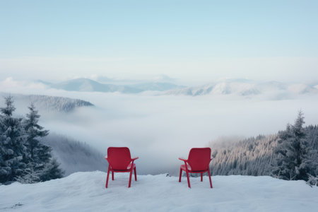 Two red chairs on mountain top with fog snow and ice. Winter seasonal concept. AI generated.の素材