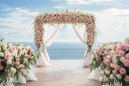 Beautiful lovely ceremony decoration of a beach wedding with blue sea background. Summer tropical vacation concept. AI generated.の素材