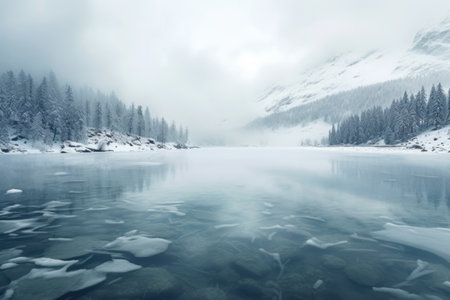 Beautiful lake with foggy Winter forest covered by heavy snow and ice. Winter seasonal concept. AI generated.の素材