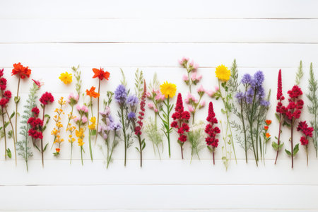 Wild flower collected with variable colors on wood background in Spring. Space for text. Spring seasonal concept. AI generated.の素材