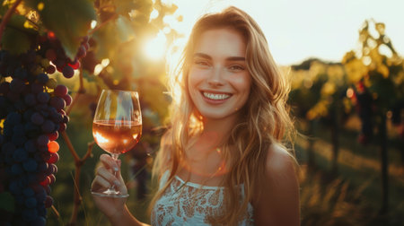 A woman holding a glass of wine in a vineyard during sunset.の素材