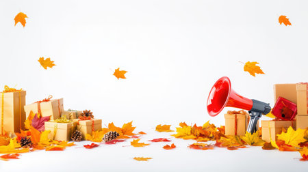 falling autumn leaves and gift boxes with a megaphone, suggesting a festive or celebratory occasion. The scene is set against a plain white background, emphasizing the vibrant colors of fall.の素材