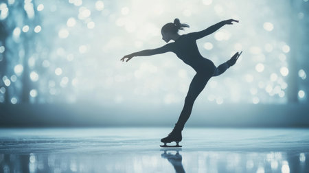 A silhouette of a figure skater performing on a frozen surface. The skater is captured in a dynamic pose, with one leg extended forward and the other bent at the knee.の素材