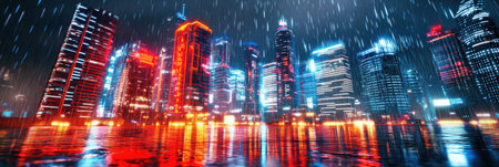 A nighttime cityscape with skyscrapers illuminated by neon lights, set against a backdrop of a starry sky. The scene is captured with a shallow depth of field, blurring the background and emphasizing the illuminated buildings.の素材