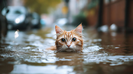A closeup shot of a ginger cat submerged in water, with its face partially submerged in the water. The cats eyes are wide open, and it appears to be looking directly at the camera.の素材