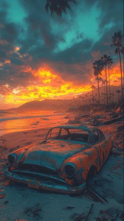 A vivid portrayal of a rusted car on a beach during sunset. The sky is painted in hues of orange, pink, and purple, with dark clouds scattered throughout.の素材